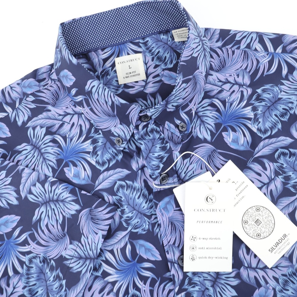 NEW CONSTRUCT 4 Way Stretch Men's Slim Fit‎ Short Sleeve TropicalShirt Size L